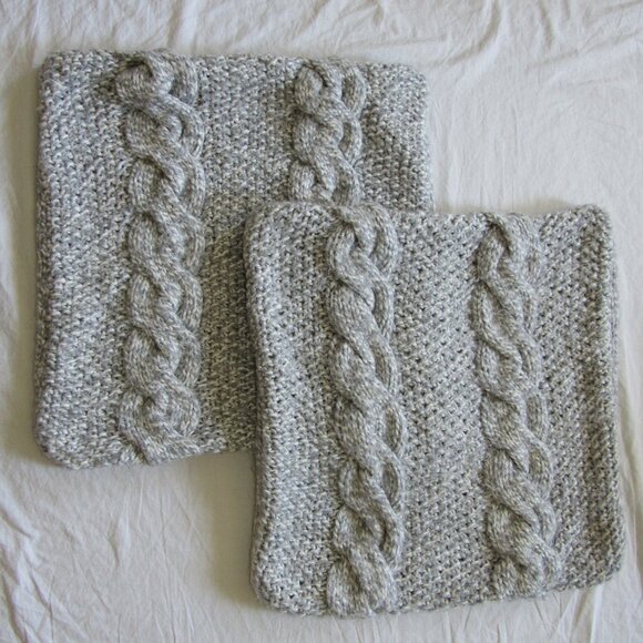 Pottery Barn Chunky Cable Knit 24 x 24 Zip Pillow Shams Covers Heather Gray - Picture 1 of 4